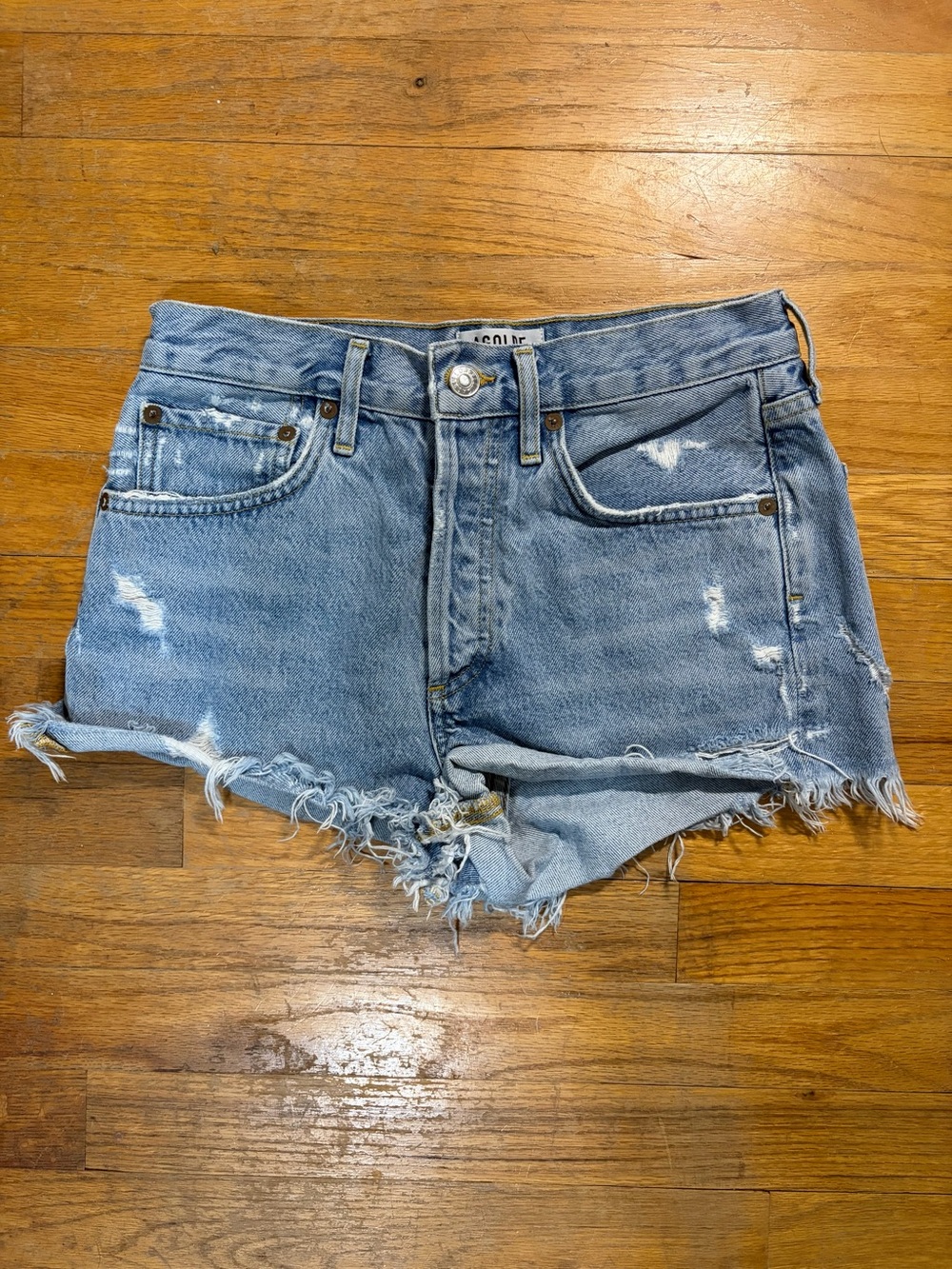 AGOLDE Light Blue Distressed High-Rise Denim Cutoff Shorts